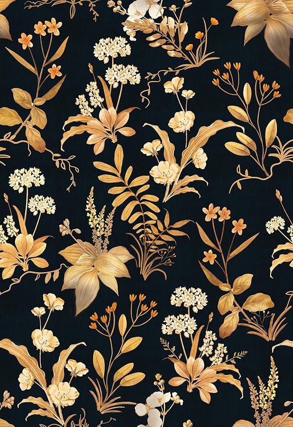 Simon&Siff Vintage Floral Peel and Stick Wallpaper 17.3" x 120" | Black Gold Botanical Contact Paper, Removable Wall Paper, Renter Friendly, for Cabinets, Furniture, DIY Decor