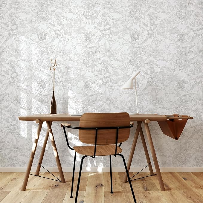 Ismoon Large Floral Peel and Stick Wallpaper Boho White/Grey Contact Paper 17.3inx32.7ft Removable Self Adhesive Bedroom Cabinet Mural Wall Decor Vinyl Roll