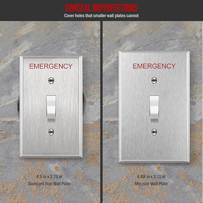 ENERLITES Toggle Light Switch Metal Cover Plate with Emergency Label, Stainless Steel Wall Plate, Corrosion Resistant, Mid-Size 1-Gang 4.88" x 2.11", 430 Stainless Steel, 7711M-E, Silver