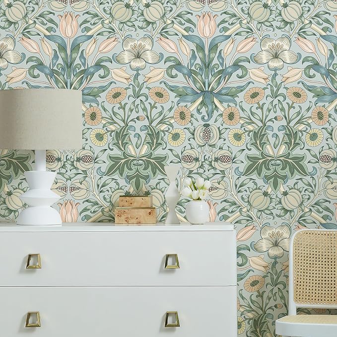 HueBurst 17.3"x394" Peel and Stick Vintage Floral Contact Paper Blue Background Pink Pomegranate Flower William Morris Wallpaper Self Adhesive Wall Paper Removable