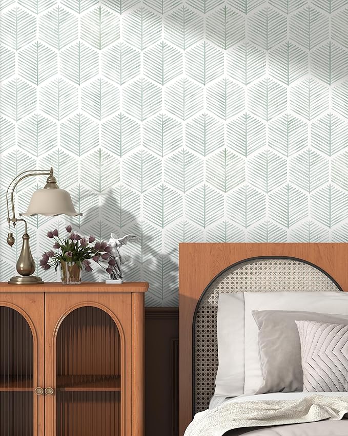 Modern Peel and Stick Wallpaper 17.3''×78.8'' Geometric Wallpaper Boho Contact Paper Green and White Self-Adhesive Wall Paper Removable Decorative Wallpapers for Bedroom Bathroom Cabinets Decor Vinyl