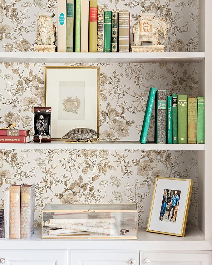Erfoni 16.9" x118" Boho Floral Peel and Stick Wallpaper Beige Flower and Leaf Contact Paper Self Adhesive Removable Wallpaper Boho Botanical Wall Paper for Bedroom Cabinets Decor Vinyl Roll Waterproof