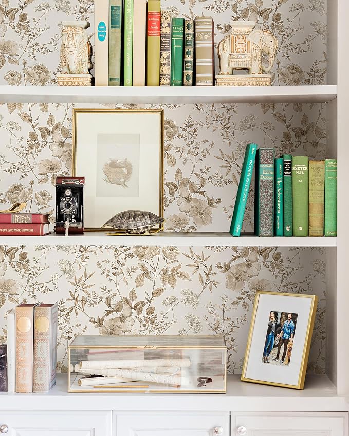 Erfoni 16.9in x394in Beige Floral Peel and Stick Wallpaper Floral Leaf Contact Paper Boho Self Adhesive Wall Paper Flower DIY Removable Decorative Wallpaper for Livingroom Accent Wall Covering