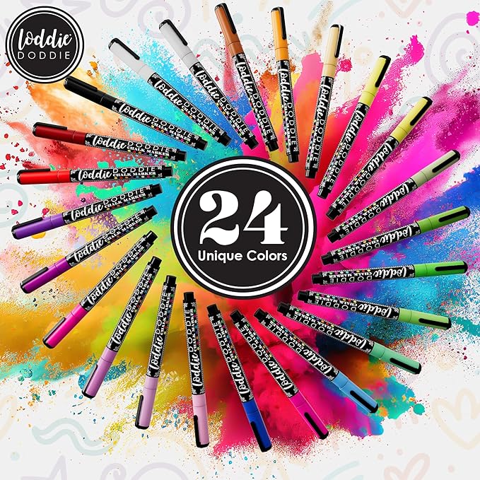 Loddie Doddie Liquid Chalk Markers - 24 Pack, 1mm Tip, Multicolor - Chalk Paint Finish - Vibrant Chalkboard Markers - Easy-Clean Wet Erase