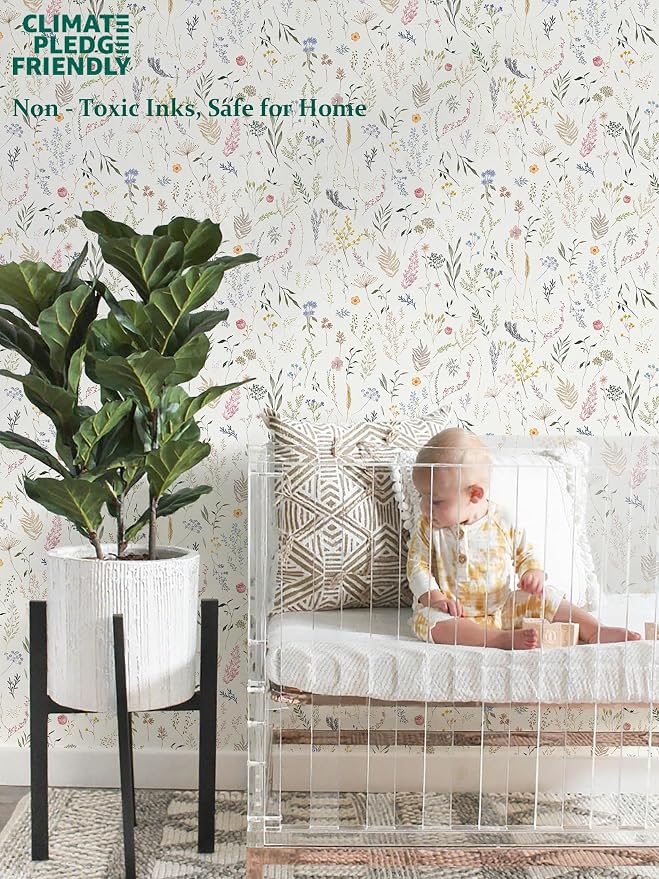 Dimoon 118"x16.1" Floral Peel and Stick Wallpaper Beige Contact Paper Thicken Wallpaper Delicate Flower Waterproof Green Leaf White Self Adhesive Removable Wall Paper Shelf Liner Decal Vinyl Roll