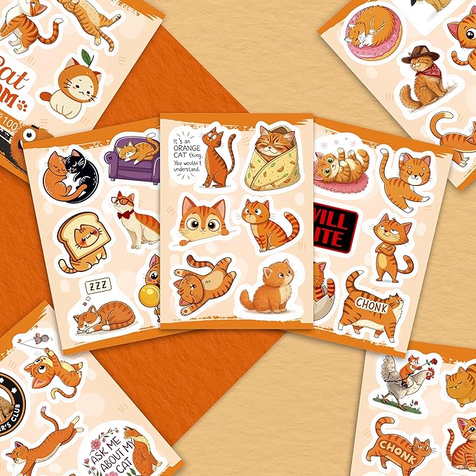 100Pcs Orange Cat Stickers for Water - Orange Cat Psrty Favors & Decorations - Pet Stickers - Gift for Women & Men
