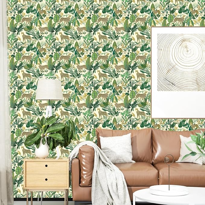 Yellow Vintage Leopard Peel and Stick Wallpaper 17.5" x 118" | Waterproof Vinyl Self Adhesive Removable Renter Friendly Floral Contact Paper
