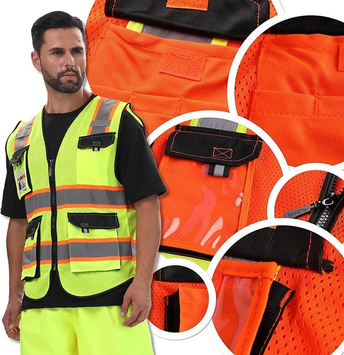 JKSafety Hi Vis Reflective Safety Vests for Men Women High Visibility Vest with Pockets Mesh Fabric Construction Safety Apparel Neon Vest for Work (220-Orange XL)