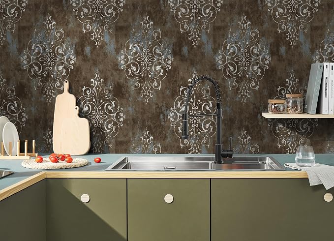 HAOKHOME Vintage Peel and Stick Wallpaper Damask Brown/Beige/Teal Vinyl Stick on Wall Paper for Bathroom Bedroom Home Decor 17.7in x 9.8ft