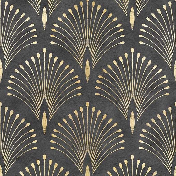 Livelynine 17.5x276 Art Deco Black and Gold Peel and Stick Wallpaper Abstract Peacock Wall Paper Prepasted Rolls Renter Friendly Black Vintage Contact Paper Waterproof Vinyl Geometric Wall Coverings
