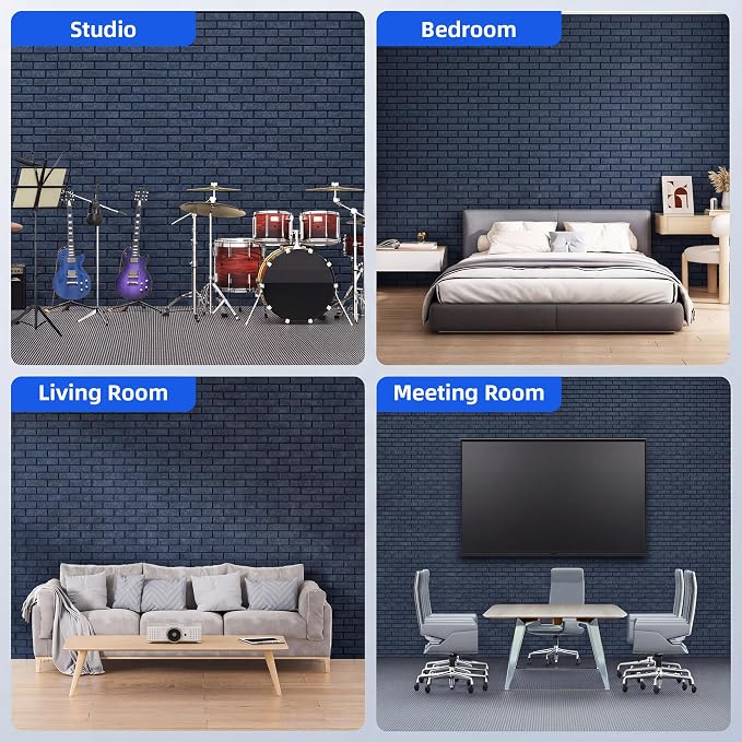 12 Pack Acoustic Panels with Self Adhesive Sound Proof Foam Panels for Wall | 12" X 12" X 0.4" High Density Soundproof Wall Panels, Brick Sound Absorbing Panels for Home Studio Office Decor - Blue