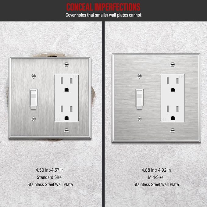 ENERLITES Combination Toggle Light Switch or Decorator Switch Metal Wall Plate, Corrosive Resistant, Mid-Size 2-Gang 4.88" x 4.92", 771131M, 430 Stainless Steel, UL Listed, Silver