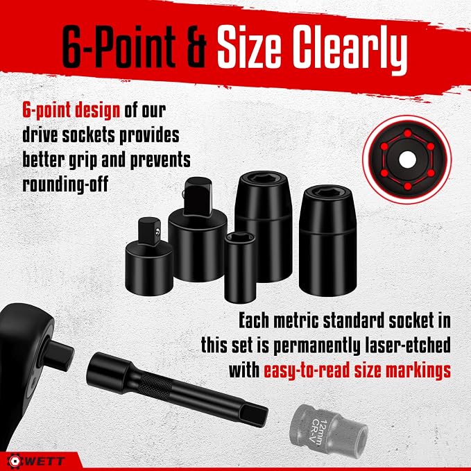 WETT 11Pcs Torque Wrench Set, 1/4'' & 3/8'' & 1/2'' Drive Click Torque Wrench, with Extension Bars & Adapters, Dual-Direction Adjustable Reversible 72-Tooth Ratchet Handle