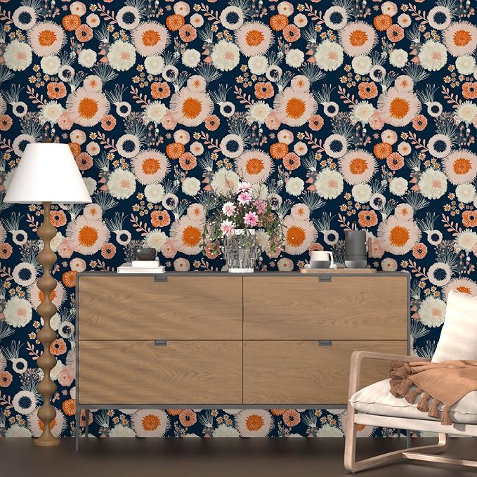 Vintage Blue/Pink Boho Floral Peel and Stick Wallpaper 17.5"x118" | Self Adhesive/Removable/Waterproof/Thick Vinyl Contact Paper for Bathroom Bedroom Shelf Cabinet Drawer,Prepasted,Easy Peel
