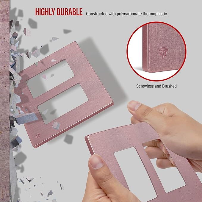 ENERLITES Elite Series Screwless Decorator Wall Plate Child Safe Outlet Cover, Gloss Finish, Size 2-Gang 4.68" H x 4.73" L, Unbreakable Polycarbonate Thermoplastic, SI8832-BRG, Brushed Rose Gold