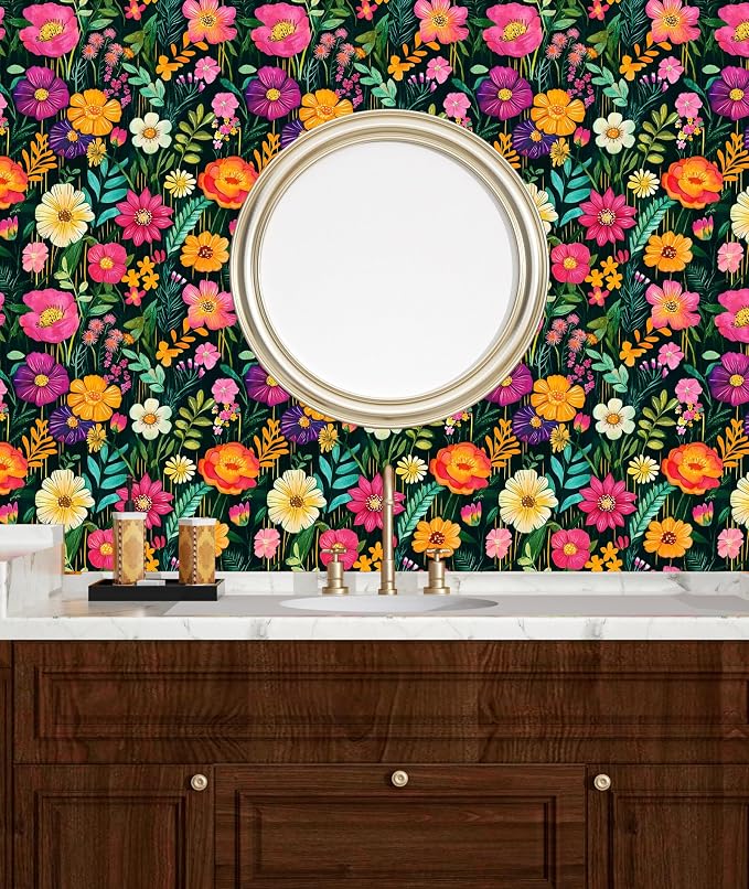 BOKEBEVE Floral Wallpaper Peel and Stick Boho Green Colorful 17.5 x 393.5In | Extra Long Removable Renter Friendly Funky Watercolor Wall Paper for Bedroom Bathroom Living Room Feature Accent Wall