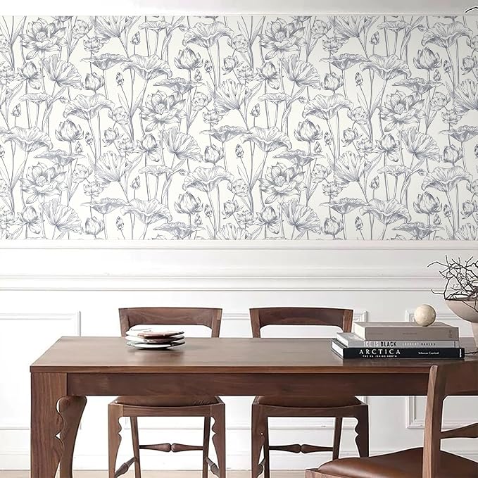 Timeet Floral Peel and Stick Wallpaper 16" x 197" White and Purple Wallpaper Lotus Removable Self Adhesive Contact Paper for Bedroom Bathroom Wall Paper Wall Decor