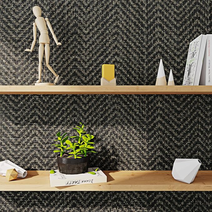 FunStick 24"x200" Black and Gold Peel and Stick Wallpaper Removable Geometric Grasscloth Wallpaper Fabric Grass Cloth Black Contact Paper Self Adhesive Wallpapers for Bedroom Cabinets Drawers Shelves