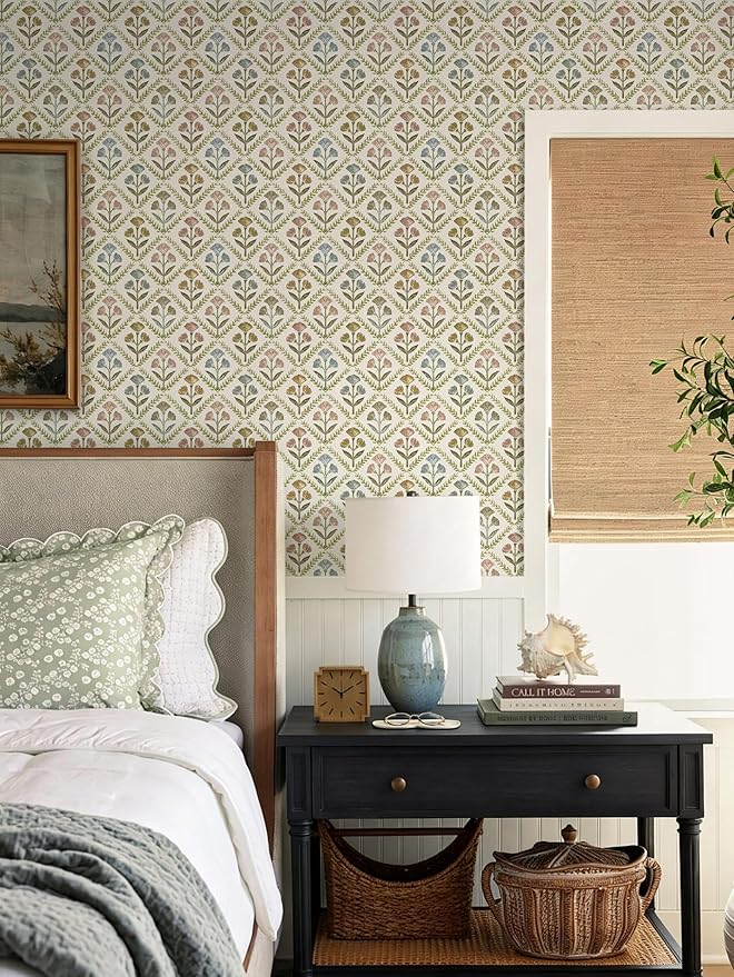 Dimoon Vintage Peel and Stick Wallpaper Retro Botanical Contact Paper Farmhouse Wallpaper Cottage Renter Friendly Removable Geometric Wall Paper for Bathroom Kitchen Textured Vinyl 17.3''x197''
