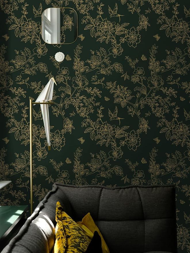 Froluya Dark Green and Gold Wallpaper Floral Peel and Stick Wallpaper 17.7"x196.8" Vintage Floral Contact Paper Peel and Stick Flowers Birds Removable Self Adhesive Wall Paper for Bedroom Cabinets