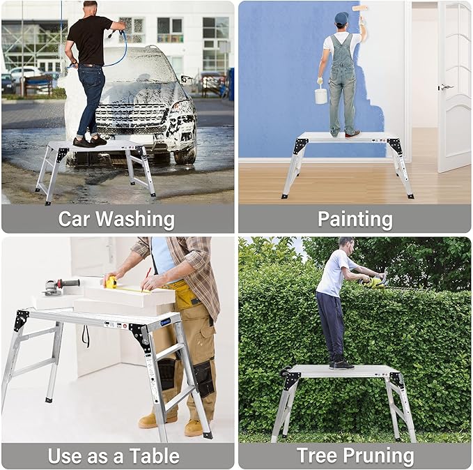 Adjustable Work Platform, 39.4" X 18.5" Portable Folding Aluminum Step Ladder, Scaffolding of Capacity 330 LBS Heavy Duty, 7 Gear Height 24 “-35” (Adjustable, Meet ANSI Standard, SGS-Certified)