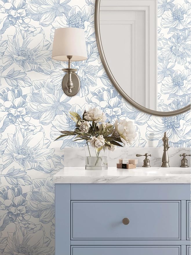 Ismoon Vintage Floral Wallpaper Peel and Stick Beige and Blue Contact Paper 17.3inx32.75ft Removable Self Adhesive Wall Paper for Bathroom Bedroom Cabinet Mural Wall Decor Vinyl Renter Friendly
