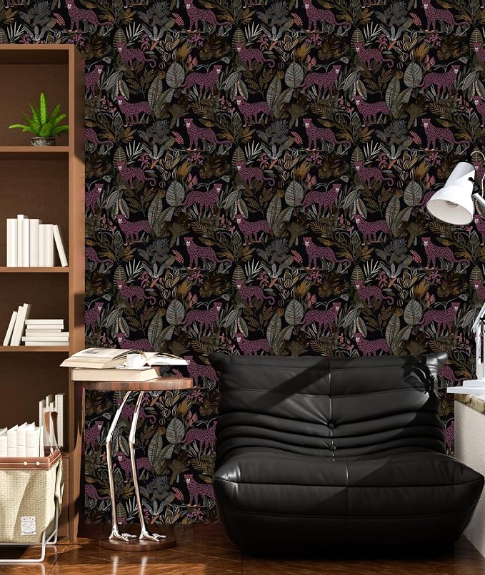 Dark Pink Vintage Leopard Peel and Stick Wallpaper 17.5" x 393" | Waterproof Vinyl Self Adhesive Removable Renter Friendly Floral Contact Paper