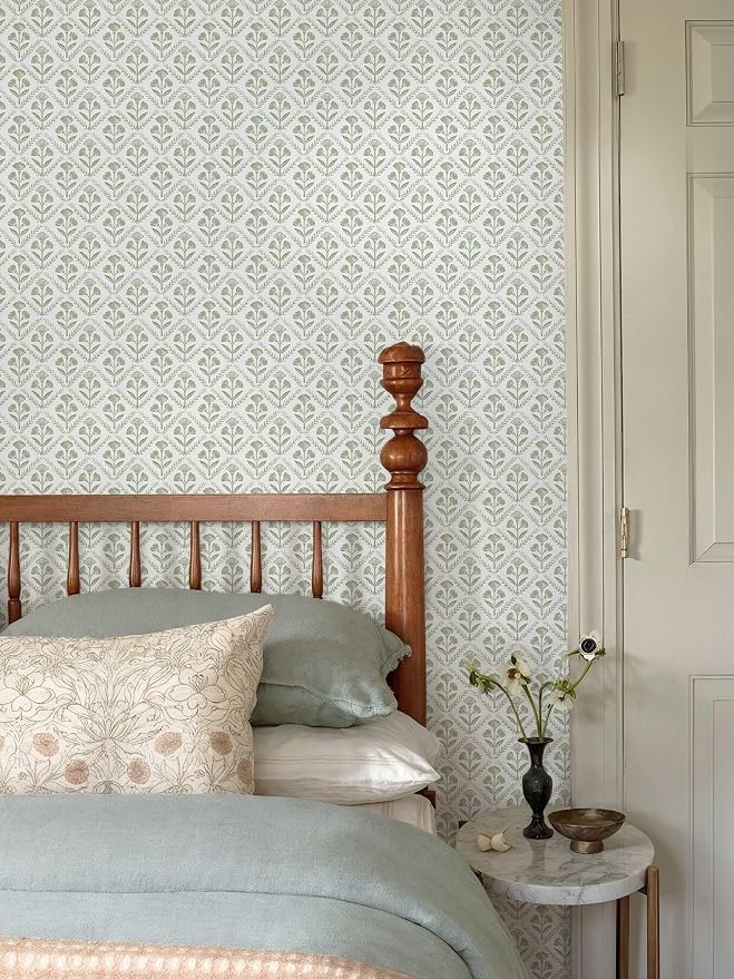Dimoon Green Peel and Stick Wallpaper Floral Contact Paper Village Vintage Summer Cute Farmhouse Cottage Wall Paper Country Renter Friendly Geometry Waterproof Moody Bathroom Kitchen 78.7"x17.3"