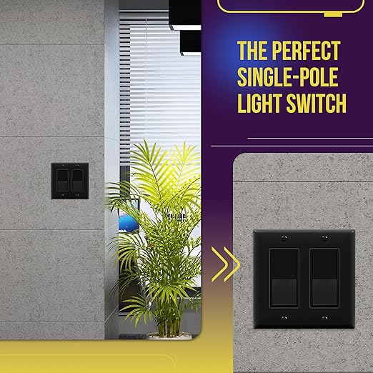ENERLITES Decorator Paddle Rocker Light Switch, Gloss Finish, Single Pole, 3 Wire, Grounding Screw, Residential Grade, 15A 120V/277V, UL Listed, 91150-BK, Black