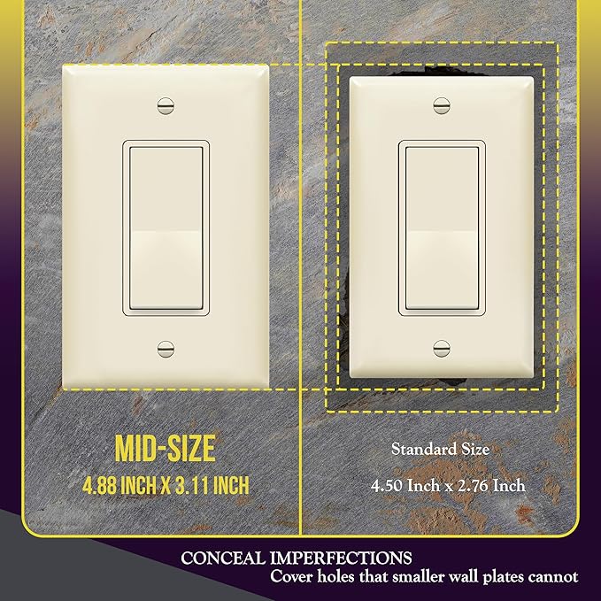 ENERLITES Decorator Light Switch or Receptacle Outlet Wall Plate, Glossy, Midway Size 1-Gang 4.88" x 3.11", Unbreakable Polycarbonate Thermoplastic, UL Listed, 8831M-LA-10PCS, Light Almond (10 Pack)