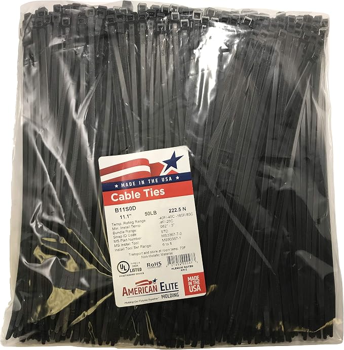 Standard Black 11" Inch Cable Zip Ties 50 Pounds Tensile Strength UV Resistant Wire Wrap - 100 Pack - Made in USA
