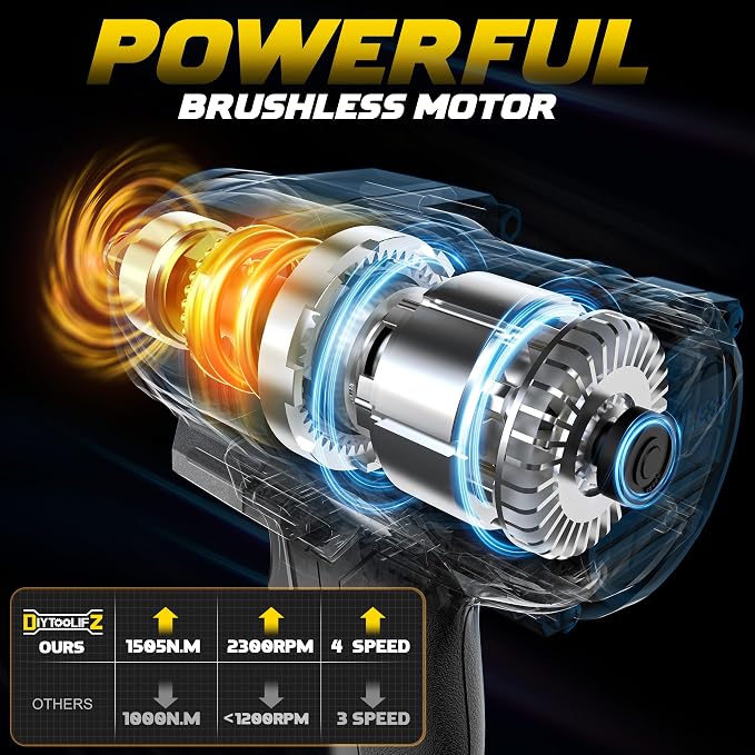 1/2" Cordless Impact Wrench 1110 Ft-lbs Compatible with DeWalt 20V Battery | DIYtoolifz Brushless High Torque Impact Driver with LED Light, Electric Gun for Car, Truck, Mower, Bare Tool