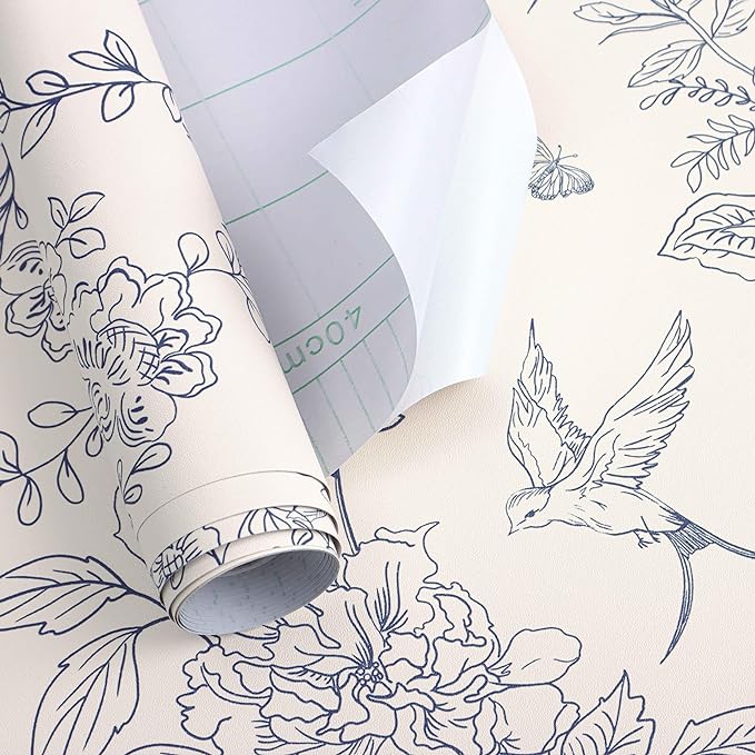 Froluya Cream White and Blue Floral Wallpaper Peel and Stick Wallpaper 17.7"x118.1" Vintage Floral Peel and Stick Wall Paper Removable Boho Self Adhesive Contact Paper for Bedroom Bathroom Vinyl