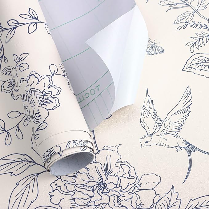 Froluya Cream White and Blue Floral Wallpaper Peel and Stick Wallpaper 17.7"x393.7" Vintage Floral Peel and Stick Wall Paper Removable Boho Self Adhesive Contact Paper for Bedroom Bathroom Vinyl