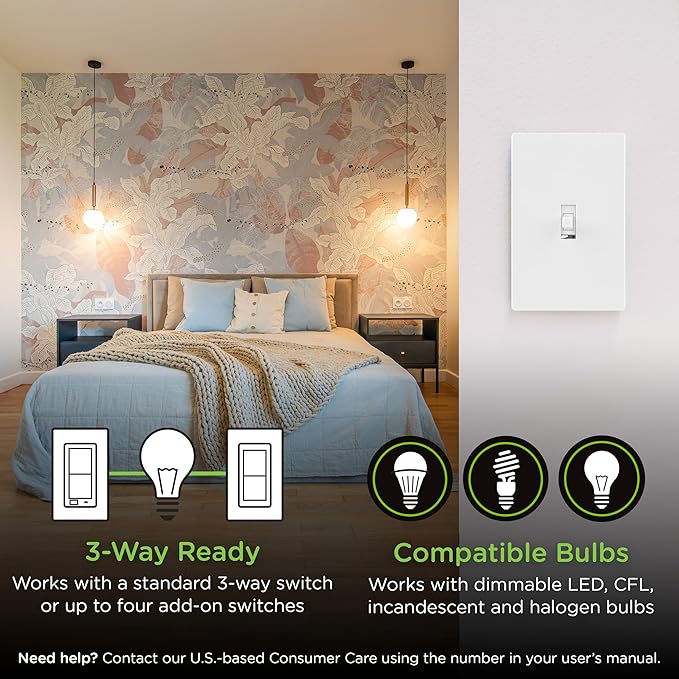 Enbrighten 800 Series Z-Wave Toggle Dimmer, Long Range 800LR, Quick Fit, Simple Wire, Direct 3-Way (No Add-On Switch Needed), Smart Hub Required, Compatible with Alexa, Google Home, 76595