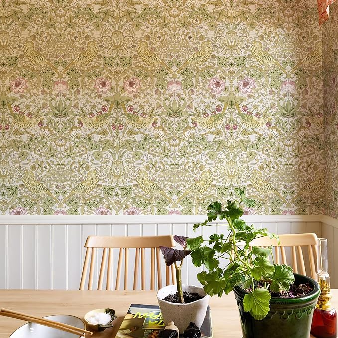 HueBurst White Floral Peel and Stick Wallpaper William Morris Vintage Botanical/Bird Removable Wall Paper,Self Adhesive Waterproof Contact Paper for Living Room Dining Room Kitchen Decor 17.7 x 236In