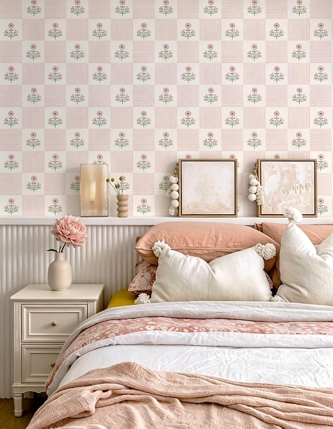 Guvana Pink Floral Peel and Stick Wallpaper Boho Contact Paper Vintage Floral Self-Adhesive Removable Waterproof Wallpaper Renter Friendly 394"×17.3" for Bedroom Livingroom Hallway Cabinets Drawer