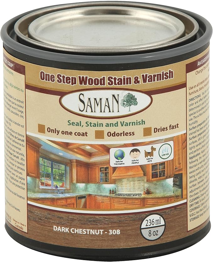 SamaN Interior One Step Wood Seal, Stain and Varnish – Oil Based Odorless Dye - Protection for Furniture and Fine Wood (Dark Chestnut SAM-308, 8 oz)