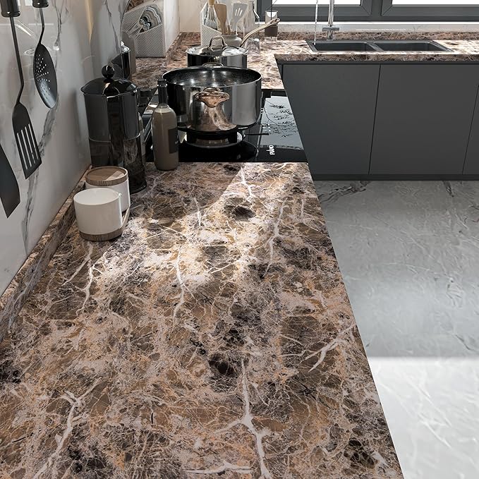 Brown Marble Contact Paper Peel and Stick Wallpaper for Kitchen Countertops | 15.8x197inch Faux Granite Counter Top Vinyl Wrap Countertop Sticker Self Adhesive Removable Glossy Wall Paper for Bathroom