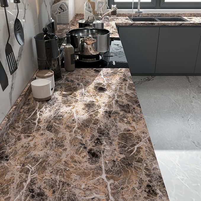 Wide Marble Granite Peel and Stick Wallpaper Contact Paper for Countertops | Counter Top Covers Brown Thick Waterproof Self-Adhesive Marble Vinyl Wrap 31.5x157inch Dark Wall Paper for Kitchen Bathroom