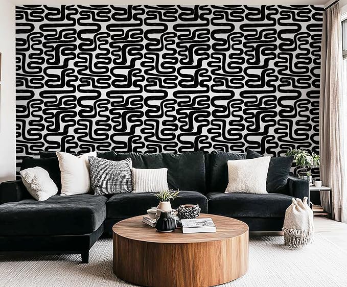 Peel and Stick Wallpaper Black and White Wall Paper Modern Geometric Self-Adhesive Removable Contact Paper Thicken Waterproof Easy to Clean Decorative for Bedroom Bathroom Film 17.3in x 78.7in