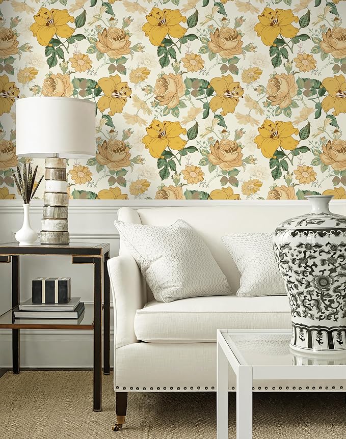 Hopepak Yellow Floral Peel and Stick Wallpaper Modern Flower Contact Paper 16.1'' x 118'' Self Adhesive Removable Waterproof Wall Paper for Bedroom Cabinets Living Room Decor
