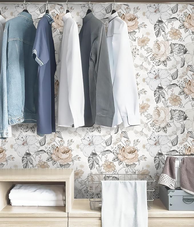 Hopepak Floral Peel and Stick Wallpaper for Bedroom Modern Farmhouse Flower Wall Paper Self Adhesive Removable Contact Paper for Cabinets Bathroom Nursery Shelf Drawer 15.5'' x 78.7''