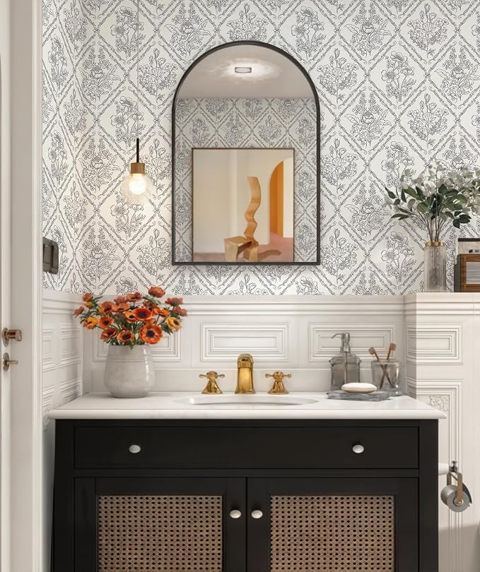 Toduso Peel and Stick Wallpaper Vintage Wall Paper Black and Cream White Contact Paper Removable Wallpaper for Kitchen Bathroom Bedroom Floral Waterproof Self Adhesive Vinyl Drawer Decor 17.3"x196.8"