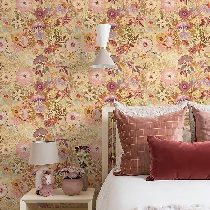Ismoon Vintage Floral Peel and Stick Wallpaper Deep Beige Contact Paper Jellyfish Starfish Stick on Wall Paper Removable Self Adhesive Vinyl Wallpaper for Bedroom Wall Cabinet Decor 17.3x393in