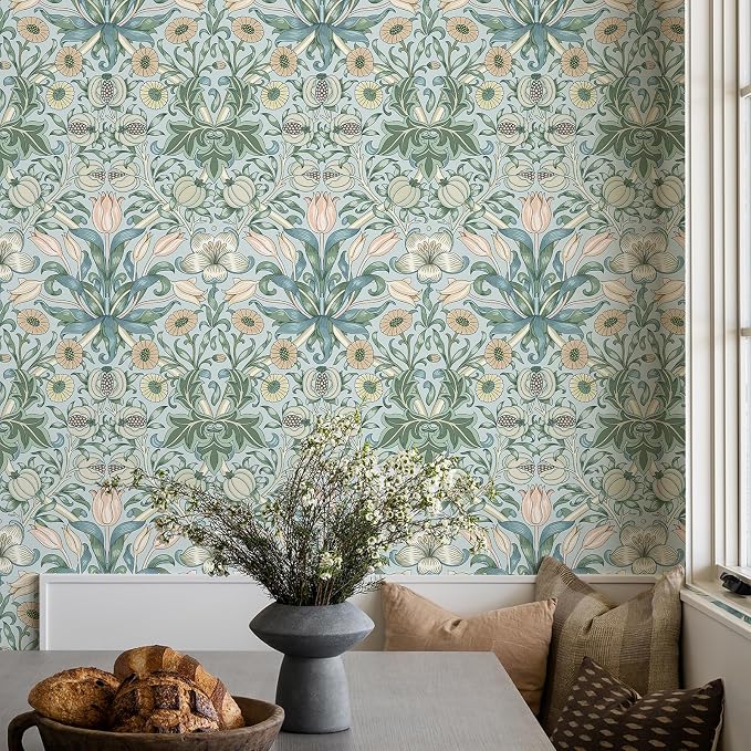 HueBurst 17.3"x394" Peel and Stick Vintage Floral Contact Paper Blue Background Pink Pomegranate Flower William Morris Wallpaper Self Adhesive Wall Paper Removable