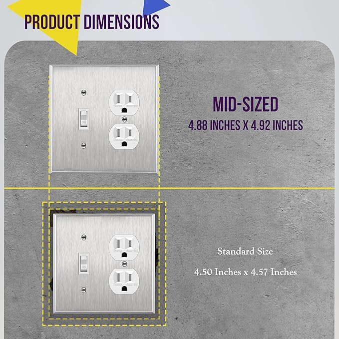 ENERLITES Combination Toggle Light Switch and Duplex Receptacle Outlet Metal Midway Wall Plate, Corrosion Resistant, 2-Gang 4.88" x 4.92", 771121M, 430, UL Listed, Silver, Stainless Steel Mid Size