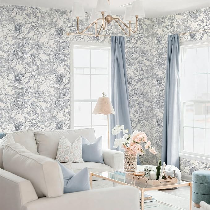 78.7"x17.3"Peel and Stick Grey Retro Line Floral Wallpaper Artistic Wall Decor for Bedroom
