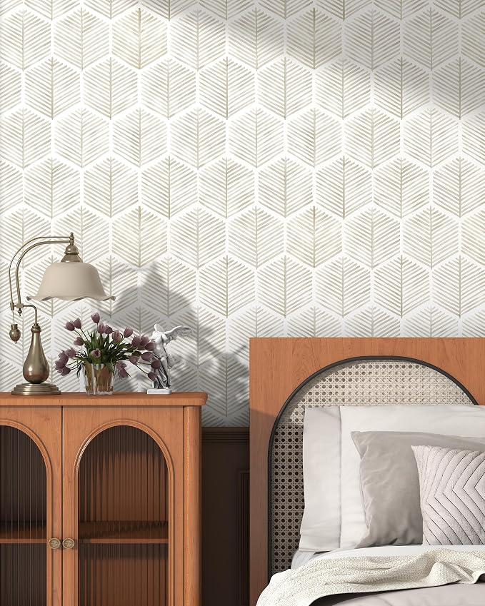 OSECAGE Geometric Peel and Stick Wallpaper Boho Contact Paper 17.3''×197'' | Modern Self Adhesive Wallpaper Removable White and Beige Wall Paper Decorative for Bedroom Bathroom Cabinets Decor Vinyl Roll