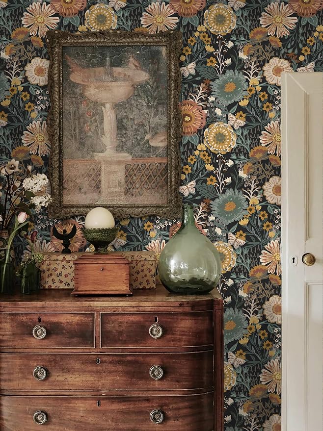 Dimoon Boho Retro Wallpaper Peel and Stick Wallpaper Vintage Floral Contact Paper 17.3''x78.7'' Dark Black Bohemian Removable Wall Paper Renter Friendly Waterproof Wall Mural Bedroom Bathroom Vinyl
